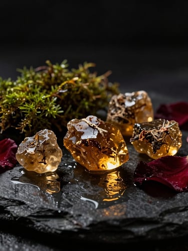 Macro shot of raw botanical resins, damp moss, and torn dark red petals resting on a wet dark stone surface, low-key dramatic chiaroscuro lighting