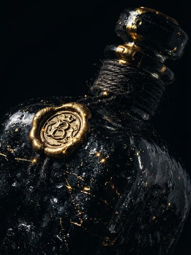 Extreme macro shot of a heavy dark glass bottle catching sharp gold glints, low-key chiaroscuro lighting, deep black background