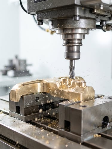 Macro shot of a high-precision CNC milling machine cutting a solid brass door handle, bright high-key studio lighting, crisp focus, metallic textures, 50mm lens