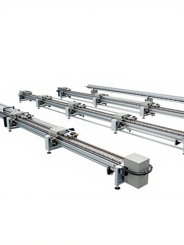 Wide-angle architectural shot of a modern, clean factory floor with polishing lines, bright overcast daylight, organized industrial layout, premium manufacturing facility