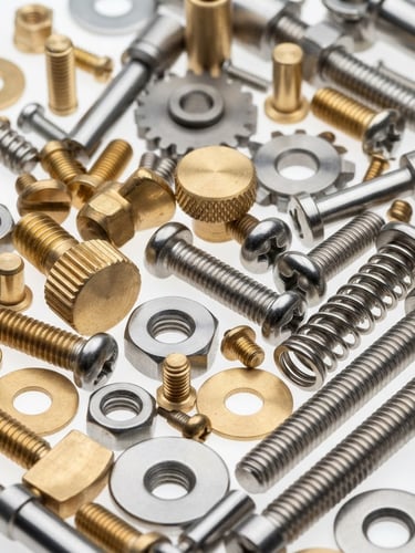 Macro shot of polished raw brass and solid steel hardware components on a clean white studio background, bright high-key lighting, sharp focus, 50mm lens