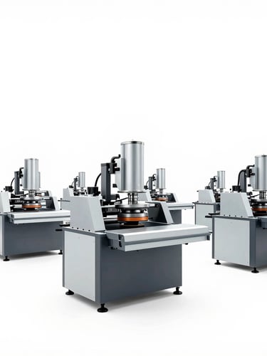 Wide-angle architectural shot of a clean, modern manufacturing facility floor in India, showing precise polishing machinery under bright overcast daylight, no people.
