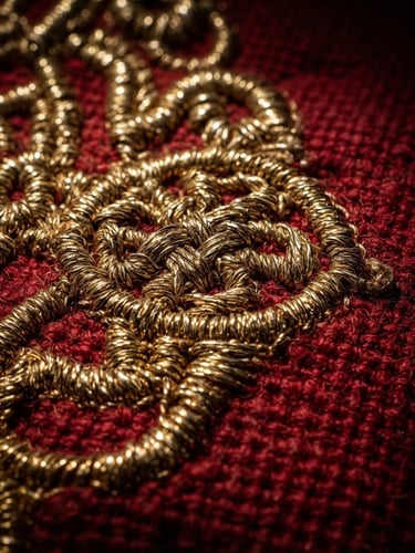 Macro close-up of gleaming gold-thread embroidery on heavy-duty red canvas, dramatic side-lit studio strobes, deep shadows, sharp focus