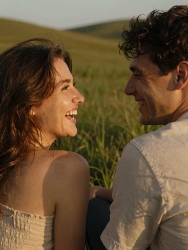 Close-up portrait frame, a couple sitting together in soft golden-hour light on a grassy hillside, faces turned toward each other mid-laugh, warm amber tones washing across their shoulders, dappled shade at the edges, no eye contact with camera, genuine unguarded moment