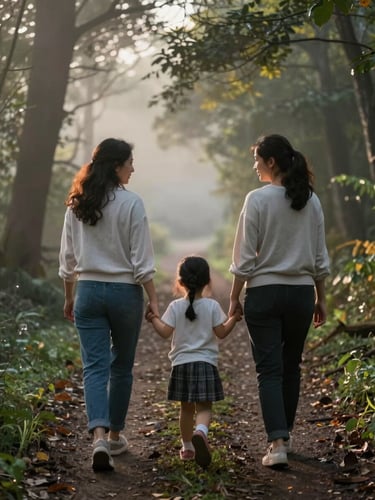 Portrait-format image of two mothers and a young daughter walking a wooded trail at dawn, soft morning mist visible between trees, dappled low light across their backs, child between them holding both their hands, candid and unhurried