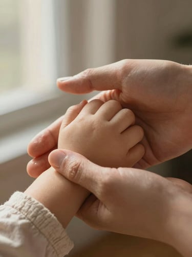 Extreme close-up of two hands loosely held, adult fingers wrapped around a small child's hand, warm morning window light crossing the frame from the left, soft-sand linen sleeve visible at the edge, shallow depth of field, muted warm tones, no props, no staging