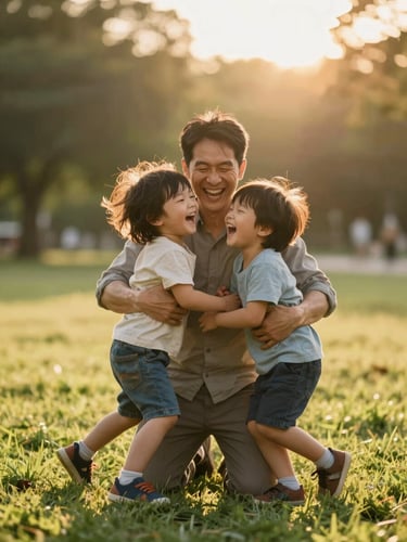 Portrait-format image of a father kneeling in a sun-drenched park, arms wrapped around two young children who are squirming and giggling, all three mid-laugh, warm golden-hour backlight, soft grass in foreground