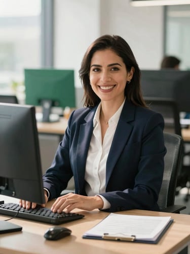 Professional female accountant in a modern, sunlit Colombian office, clean desk, smiling warmly, warm corporate photography, 35mm