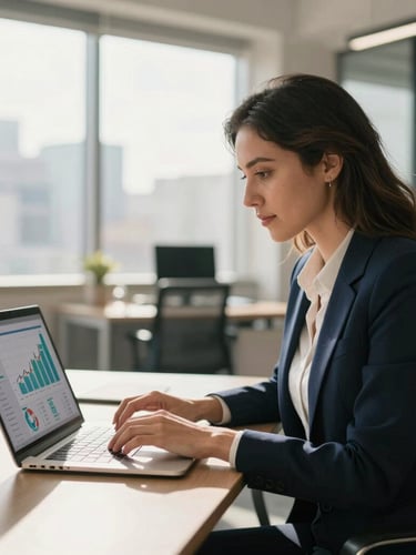 Professional female accountant working on a laptop in a sunlit modern Bogotá office, financial dashboards with growth metrics visible on screen, warm natural light, shallow depth of field, 35mm.