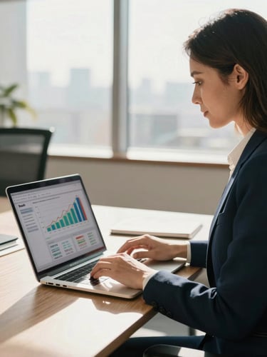 Professional female accountant in a modern sunlit Bogotá office, wearing executive clothing, working on a sleek laptop displaying clean financial growth charts, warm corporate photography, 35mm