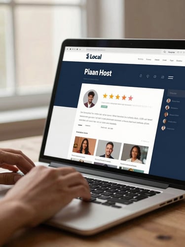 Warm editorial lifestyle photography, soft side-lit window daylight, muted navy and terracotta tones, shallow depth of field, close-up of hands working on a web design mockup on a laptop screen, showing a local business website with a prominent review section.