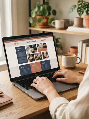 Clean, modern desktop UI mockup of a local business website on a laptop, hands typing on keyboard, warm natural side-light, organized workspace, shallow depth of field, muted navy and terracotta tones.