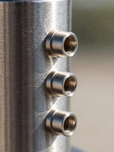 Extreme close-up of a marine pressure sensor housing, brushed stainless steel body with precision-machined port fittings, shot under flat north-facing natural light that renders every machining mark without shadow drama, the sensor filling the left frame edge to edge