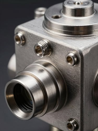 Extreme close-up of a marine pressure sensor housing, brushed stainless steel casing with precision-machined port fittings, studio north-facing light rendering every machined groove without shadow drama, clinical and exacting