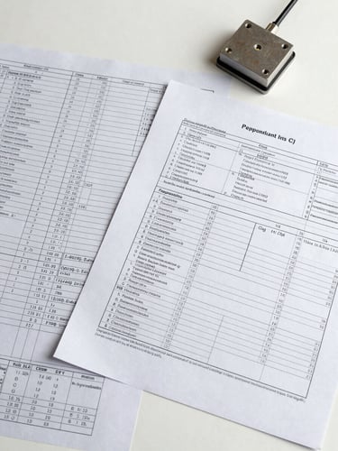 Overhead flat-lay of technical specification documents and compliance paperwork spread across a clean white surface, precision-printed engineering tables visible, a metal sensor housing resting at the upper right corner, even north-facing studio light rendering paper texture and ink detail without shadow drama