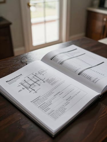 Overhead shot of a completed technical handover folder open on a table — schematic drawings, warranty certificate, and a maintenance schedule visible under diffuse natural window light in a residential hallway