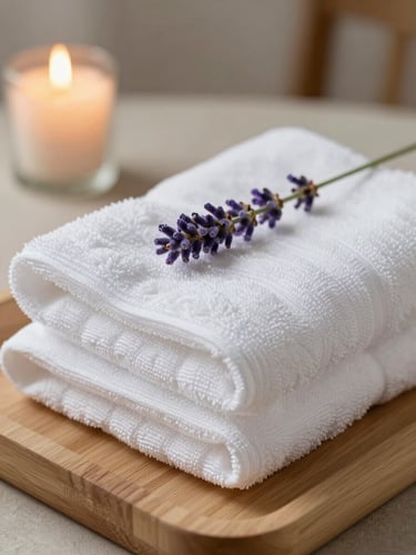 Beautifully folded high-thread-count white cotton towels next to a small sprig of fresh lavender on a light oak wooden tray, warm ambient candlelight, soft focus background.