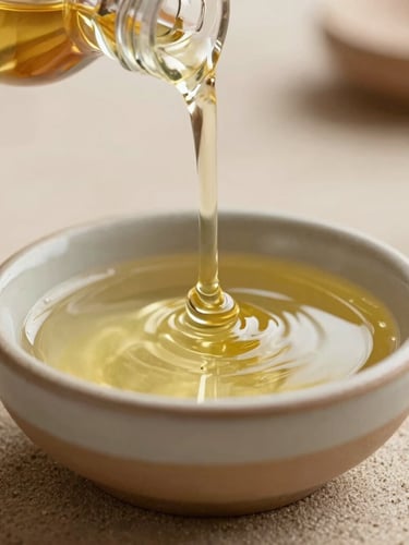 Macro close-up of warm organic massage oil being slowly poured into a small ceramic bowl, soft diffused natural light, neutral sand tones.