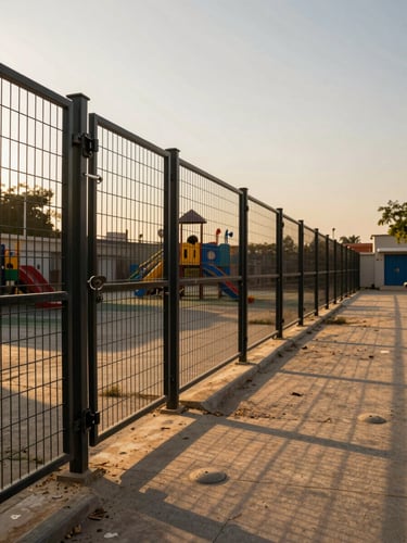 Wide panoramic exterior of ACE Day Care in Gulberg, Lahore at golden hour, a tall metal perimeter fence running along the left edge of the frame, secure gate with visible latch mechanism in the foreground, well-lit outdoor play area behind the fence, warm late-afternoon light casting long shadows across the grounds