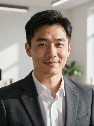 Close-up portrait of a professional male marketing consultant in a bright, sunlit modern home office, looking directly at the camera with a confident, friendly expression, high-contrast natural lighting, clean minimalist background.