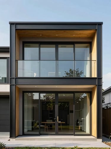 Straight-on architectural elevation of a modern home extension with clean steel framing and large glass panels under clear daylight, 35mm
