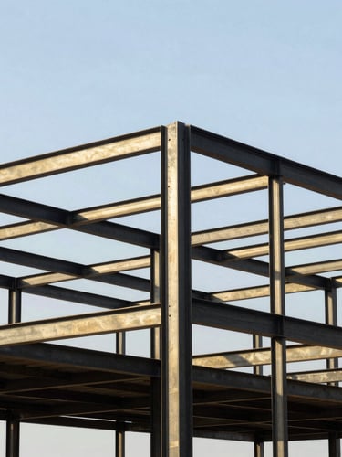 Sharp architectural portrait of a modern residential steel frame installation, crisp daylight, high-contrast black and gold tones, structural lines