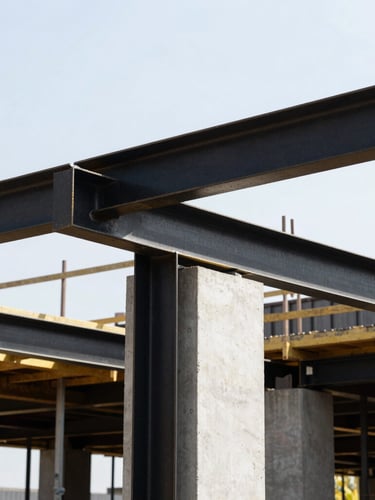 Sharp architectural photography of raw steel beams and concrete structural framing on a modern residential build site, clean and organized, high-contrast natural daylight, 35mm