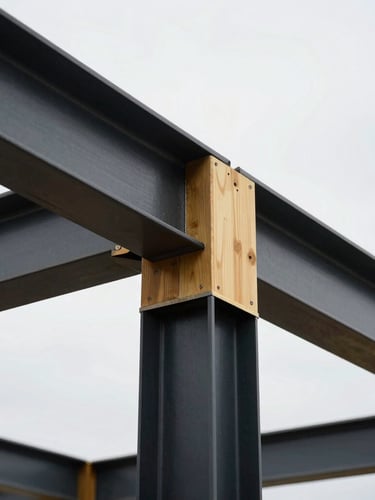 Close-up of raw building materials, clean structural steel framing and premium timber joints under bright overcast sky, high-contrast architectural photography, 35mm