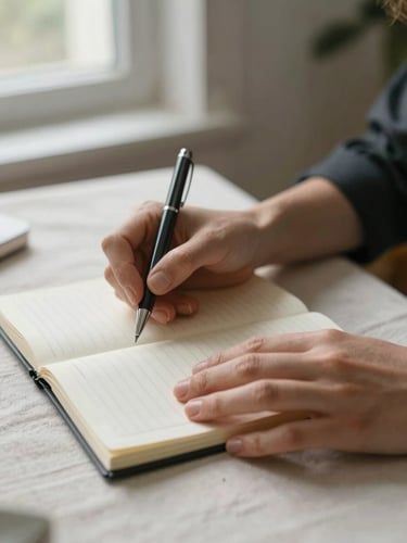 Close study of a woman's hands resting open over a ruled notebook on a pale linen desk surface, one hand holding a pen mid-pause, diffused north-facing daylight from a window left of frame, shallow depth of field, soft shadow across the page