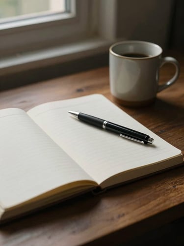 Close study of a desk surface — an open notebook, a ceramic mug, and a pen resting mid-page, north-facing window light casting soft diffused shadows across the paper, observational and still