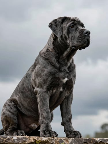 Low-angle heroic profile of a noble charcoal Cane Corso puppy sitting alert on a stone ledge, dramatic overcast lighting, rich texture.