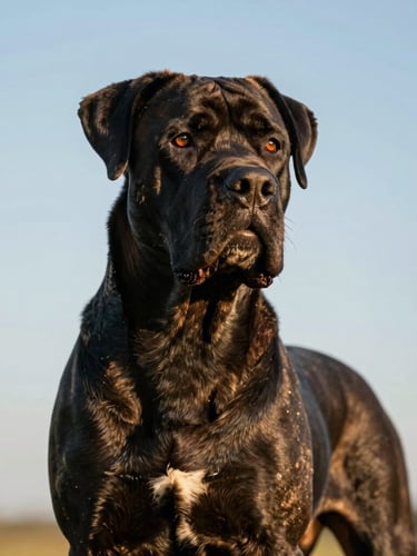 Heroic profile of a mature black Cane Corso standing alert in low-angle golden hour light, muscular chest defined, natural ears, intense intelligent gaze.