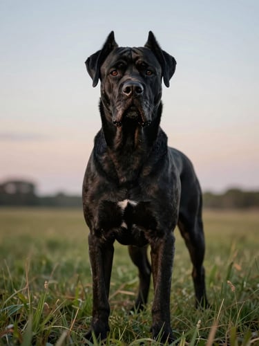 Low-angle heroic portrait of a mature black Cane Corso standing alert in an expansive grass field at dusk, natural ears, intense intelligent gaze directed at the camera.