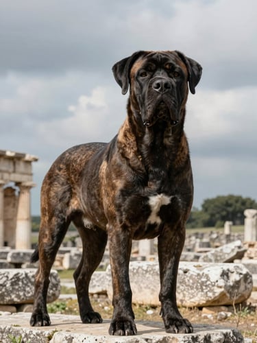 A majestic Cane Corso standing near ancient stone ruins in Italy, overcast high-contrast daylight highlighting its noble expression.