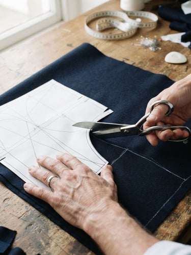 Overhead shot of a tailor's hands precisely cutting a pattern on dark navy fabric, sharp shears, bright studio light, geometric lines.