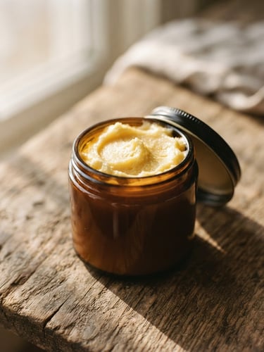 Macro close-up of golden, whipped tallow cream in an amber glass jar, resting on a rustic oak table with soft morning window shadows, 35mm film style.