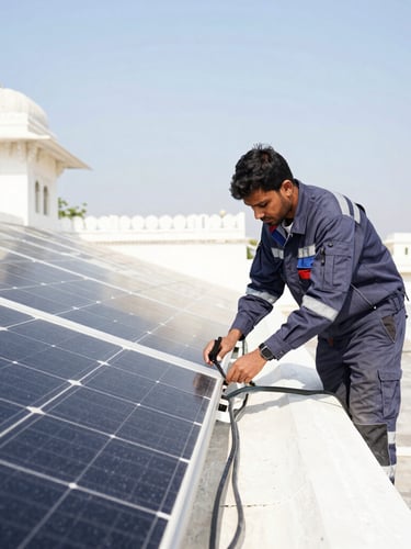 Technician in branded gear inspecting neatly routed solar panel wiring on a rooftop in Udaipur, bright natural daylight, high-contrast cool tones, crisp architectural framing, 35mm lens.