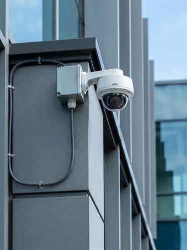 Sharp, close-up technical photograph of a neatly routed IP camera installation on a commercial building facade, bright natural daylight, high-contrast cool tones, crisp architectural framing, 35mm lens, no text.