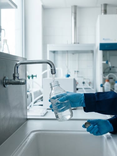 Close-up of a technician collecting a water sample in a sterile bottle from a tap, with a clean lab-like backdrop, bright natural daylight, high-contrast cool tones, 35mm lens.