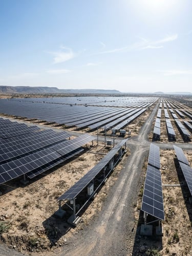 Wide panoramic view of a large commercial solar array under bright Rajasthan desert sun, clean lines, crisp architectural framing, no people, high-contrast cool tones, 35mm lens.