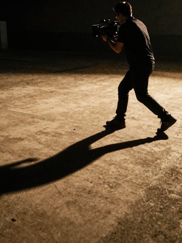 Dynamic low angle production still, warm tungsten lighting casting deep shadows on a camera operator tracking a scene, gritty 35mm grain, shallow depth of field.