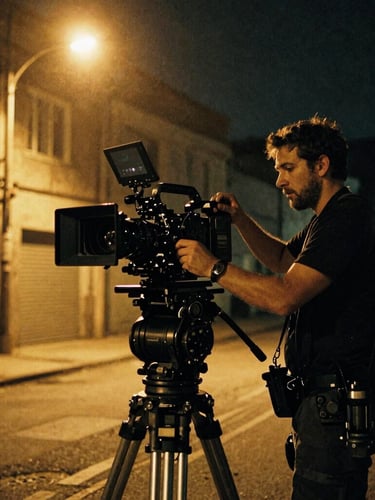 Low-angle cinematic shot of a director adjusting a camera rig on a gritty urban street at night, warm tungsten glow from streetlights, deep shadows, visible 35mm film grain.