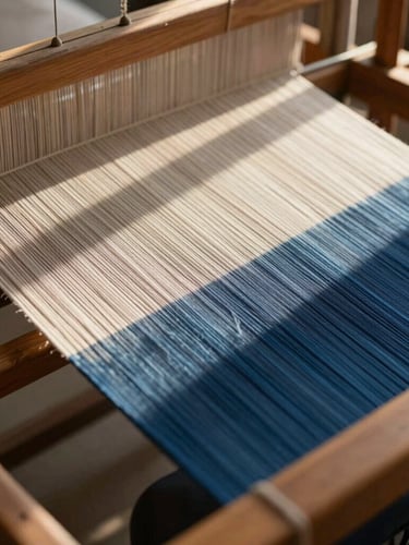 Close-up of handloom weaving process, raw cotton threads on a wooden loom, warm natural light, high contrast shadows