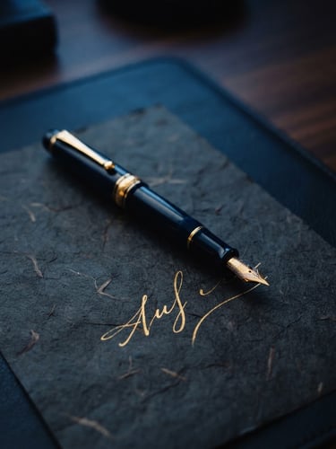 Close-up of a premium fountain pen on textured dark paper with subtle gold ink details, soft cinematic lighting, 35mm