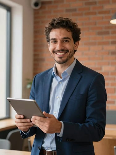 A professional Colombian financial advisor in a bright Medellín co-working space, holding a tablet and smiling warmly, terracotta brick wall in the soft-focus background, natural window light, 35mm.