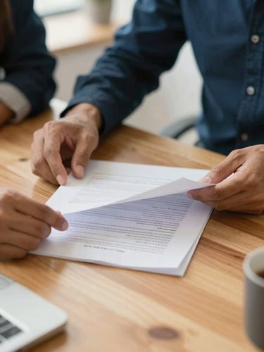 Close up of hands reviewing financial documents on a bright wooden table in a Medellin office, warm natural daylight, shallow depth of field