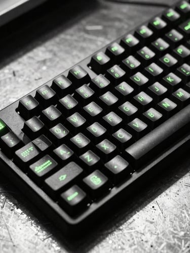 Macro shot of a mechanical keyboard on a messy metal desk, harsh direct flash, high contrast black and white, neon green terminal glow on keycaps.