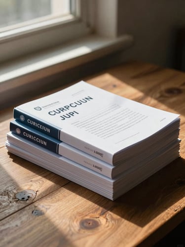 Medium shot of physical curriculum handbooks and official gazette documents stacked on a rustic wooden desk, dramatic side lighting from a window, warm tones, architectural shadows.