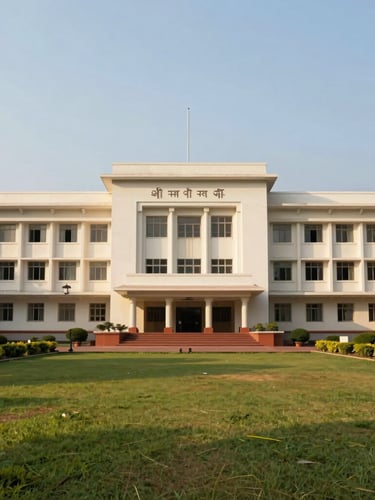 Wide shot of a stately government educational administrative building in India, clean architecture, warm sunlight, manicured lawns in the foreground.