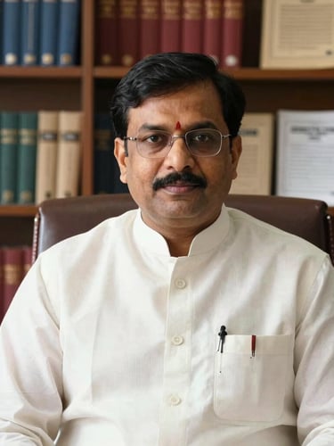 A professional portrait of an educational leader in a formal Indian administrative office, warm natural daylight, bookshelves with official academic publications and gazettes in the background.